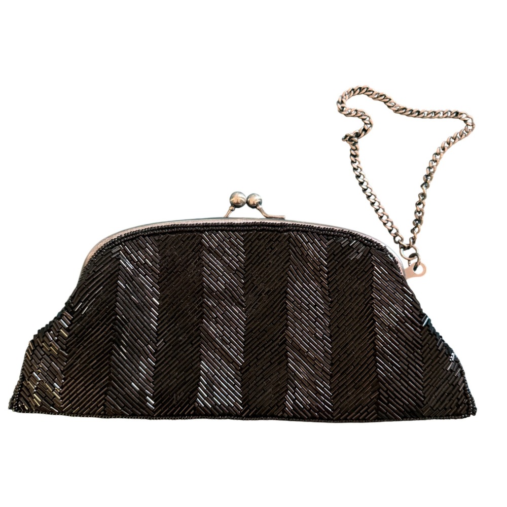 The Limited Beaded Evening Clutch Purse Black Glass Bead Silver Chain‎ Y2K 9"x4"
